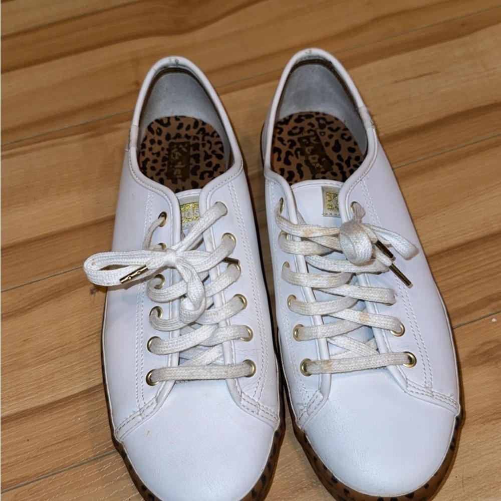 Keds White Leather Sneakers with Leopard Print Lining